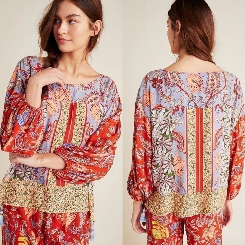 Anthropologie Boho Top Sonrisa Tassel Floral Paisley Boat Neck Patchwork XS
